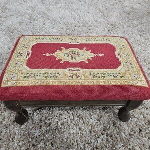 Vintage Solid Wood Footstool Ottoman with Flower Needlepoint Top